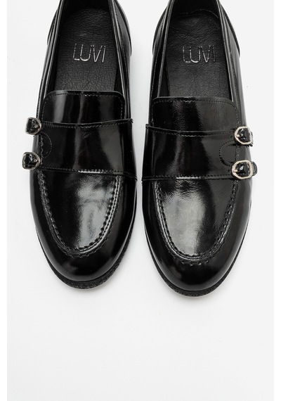 Luvi Shoes Daly Siyah Kırışık Rugan Hakiki Deri Tokalı Kadın Loafer Ayakkabı