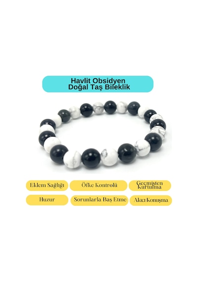 Sertifikalı Havlit Obsidyen Doğal Taş Misinalı Bileklik 8mm Çok Renkli
