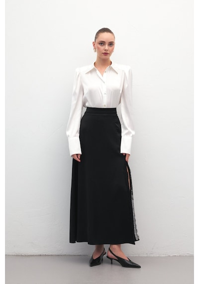 Sateen Dantel Detaylı Saten Etek - Siyah-137170 Siyah