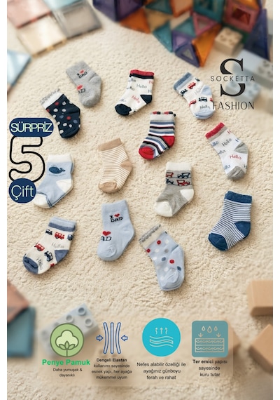 Socketta 5'li Karışık Renkli Sürpriz Paket Erkek Bebek Pamuk Desenli Soket Çorap - Premium Çok Renkli Socketta 5'li Karışık Renkli Sürpriz Paket Erkek Bebek Pamuk Desenli Soket Çorap - Premium Çok Renkli