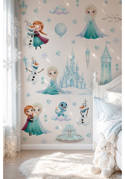 Karlar Ülkesi Temalı Duvar Sticker Seti 84 Parça Elsa, Anna, Olaf Buz Şatosu Çocuk Odası Sticker Dijital Baskı