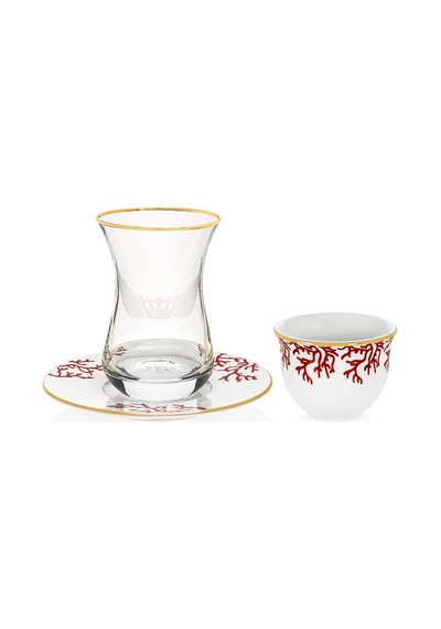 Mercan Kırmızı 18 Parça Çay + Mırra Set Hediye Kutulu Beyaz - Mavi