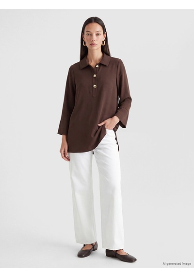 Lcw Everyday Kahverengi Gömlek Yaka Oversize Kadın Tunik