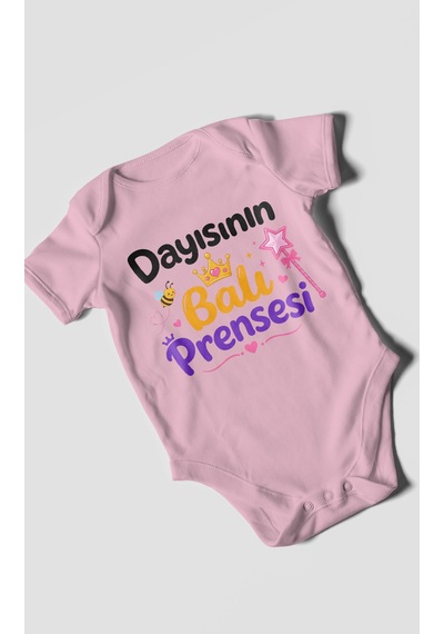 Morivokids Dayısının Ballı Prensesi Kısa Kollu Bebek Body %100 Pamuk Koyu Pembe