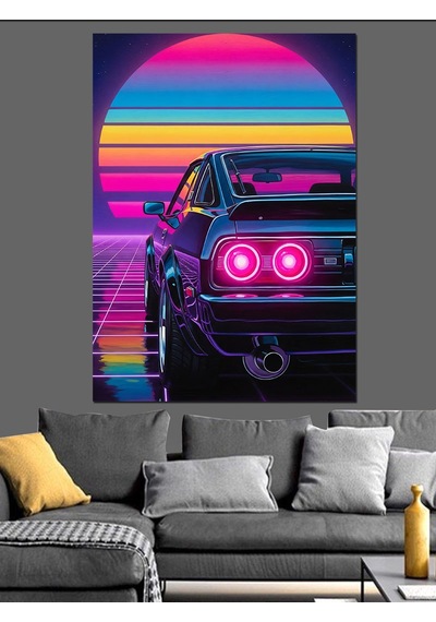 Ahşap Tablo Neon Arkadan Görünüm Araba