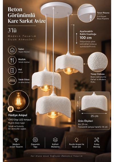 Beton Görünümlü 3'lü Kare Sarkıt Avize Modern Bohem Salon Yemek Masası G95 Rustik Led Ampul Hediyeli Beyaz