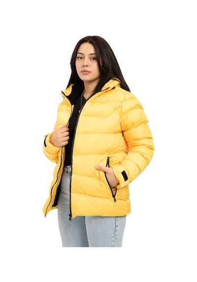 Kadın Sarı Kapüşonlu Içi Polarlı Kürklü Su Geçirmez Rüzgara Dayanıklı Şişme Mont Kaban Parka Sarı