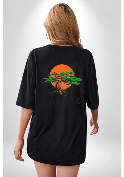 Miyagi-do Karete Çocuk Logo Dizi Bonzai Ağaç Siyah Oversize Unisex Ön Ve Sırt Baskılı Tişört Siyah