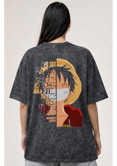 Sevbano Monkey D. Luffy One Piece Anime Baskılı Unisex Oversize Eskitme Y Siyah