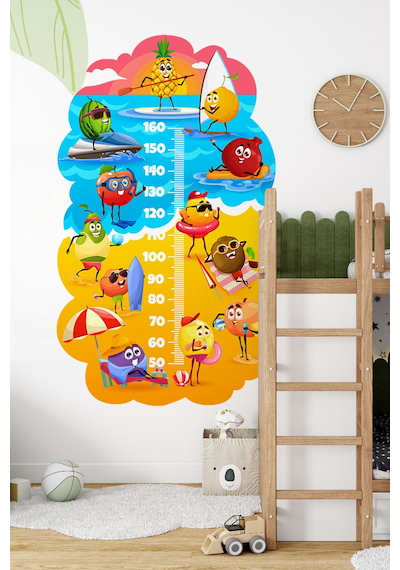 Sevimli Meyveler Temalı Dekoratif Çocuk Boy Ölçer Sticker Duvar Cetveli Takip Çizelgesi