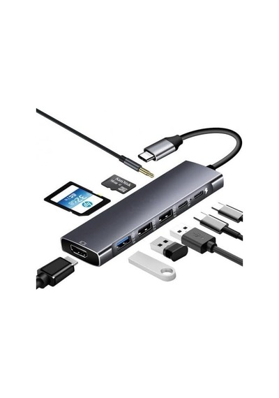 Metal Kasa Usb 3.0 Type C 9 In 1 Hdmı - Mikro Sd Kart Okuyucu - Kulaklık Çevirici Hub