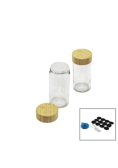 Lunaev 12 Pcs Takım Yuvarlak Cam Baharatlık - Tuzluk Bambu Kapaklı Açık Bej
