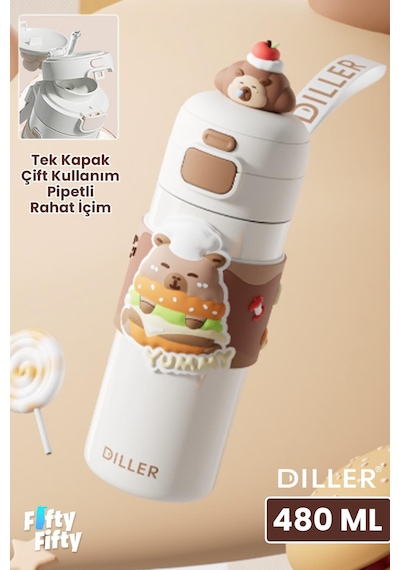 Dıller 480 Ml Tek Kapak Çift Kullanım Pipetli/pipetsiz Taşıma El Askılı Vacum Cup/çelik Termos -ffd9351-480 Beyaz