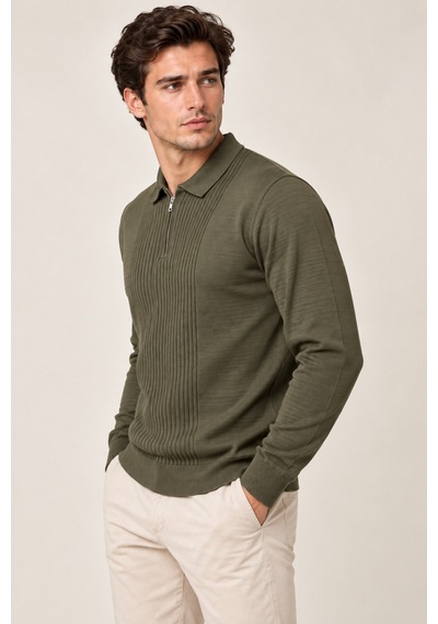 Cool Tarz Erkek Polo Yaka Yarım Fermuarlı Önü Fitilli Slim Fit Akrilik Pamuk Triko Kazak Haki Haki Cool Tarz Erkek Polo Yaka Yarım Fermuarlı Önü Fitilli Slim Fit Akrilik Pamuk Triko Kazak Haki Haki