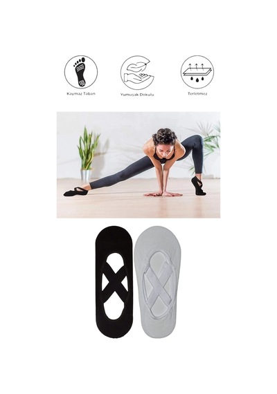 2 Adet Kadın Kaydırmaz Tabanlı Yoga Pilates Fitness Dans Ve Spor Çorabı Siyah - Beyaz