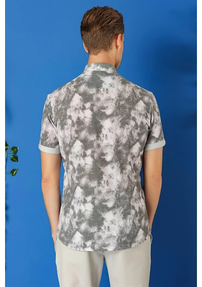 Efor Slim Fit Düğmeli Yaka Batik Desenli Kısa Kol Pamuk Gri Gömlek G 1502 Gri