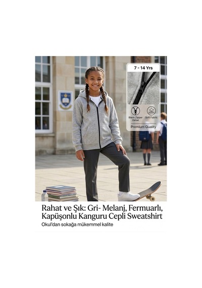 Erdem Kıds Unisex Kız Erkek Çocuk Basic 3 İplik Şardonsuz Fermuarlı Kanguru Cepli Kapüşonlu Pamuk Sweatshirt Hırka Gri-melanj Gri-melanj