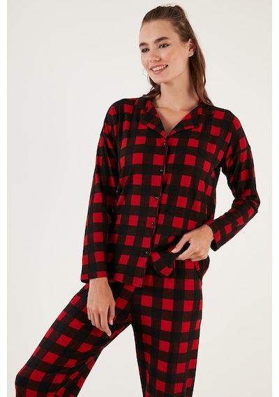 Lela Desenli Beli Lastikli Gömlek Yaka Dokuma Bayan Pijama Takımı 6095660W4 Siyah