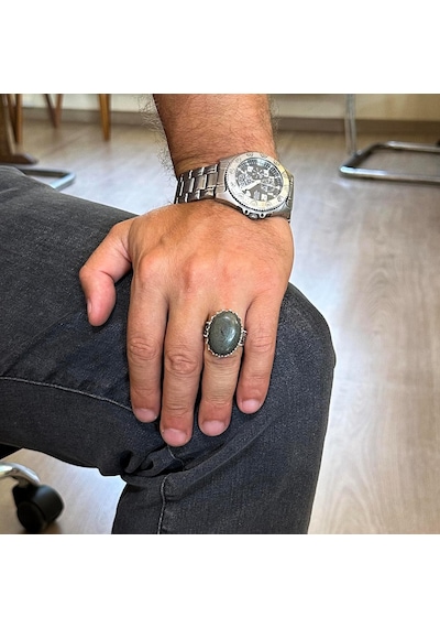 Gerçek Doğal Taş Yüzük - 925 Ayar Gümüş Büyük Yüzük - El Yapımı Yüzük Pirit Gümüş