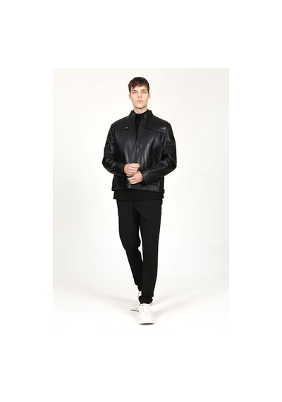 Dericlub Arthur Erkek Dik Yaka Slim Fit Gerçek Deri Mont Siyah Siyah