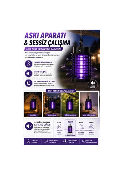 Usb Şarjlı Elektrikli Sivrisinek Öldürücü Lamba Uv Mor Işıklı Sessiz Çalışan Askılı Sinek Kovucu Ev