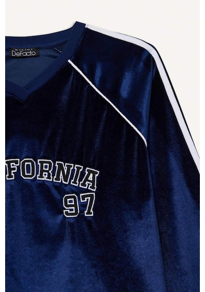 Defacto Oversize Geniş Kalıp V Yaka Baskılı Kadife Sweatshirt G3728ax25wnnv58 Lacivert-nv58