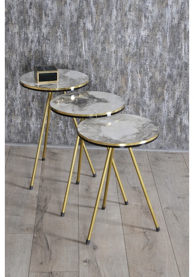 Zigon Sehpa Ve Orta Sehpa Kr Set Çift Gold Metal Beyaz Mermer Desen