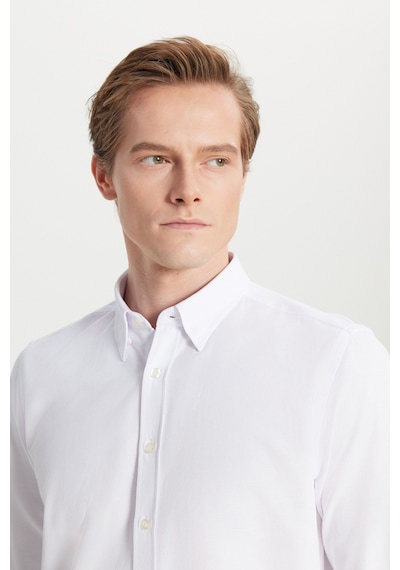 Altınyıldız Classıcs Erkek Beyaz Pamuklu Tailored Slim Fit Dar Kesim Gizli Düğmeli Yaka Armürlü Gömlek