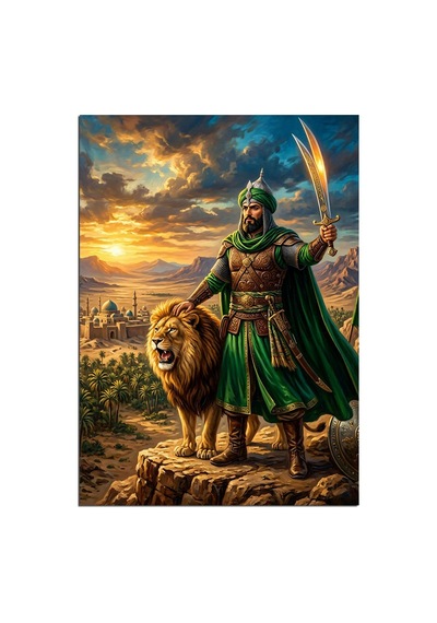 Aslan Yanındaki Hz Ali Dekoratif Kanvas - Mdf Ahşap Tablo Çok Renkli