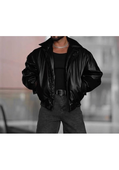 Famoda Erkek Oversize Vintage Siyah Deri Ceket Siyah