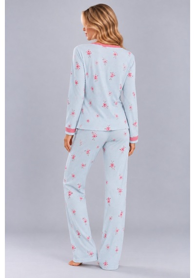 Pijamask Kadın Çiçek Ve Kelebek Desenli V Yaka Düğmeli Uzun Kollu Kaşkorse Pijama Takımı Mavi