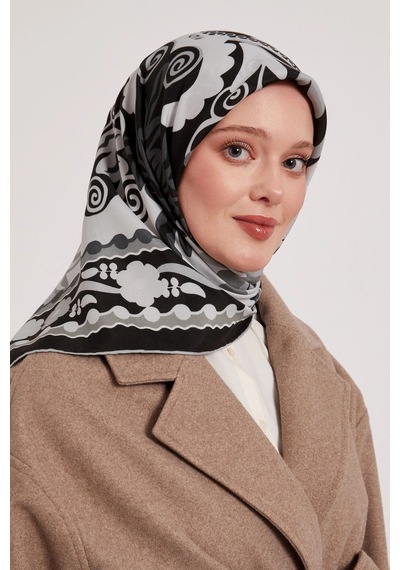 Levidor Royal Eşarp Etnik Desen Siyah Gri Siyah Gri