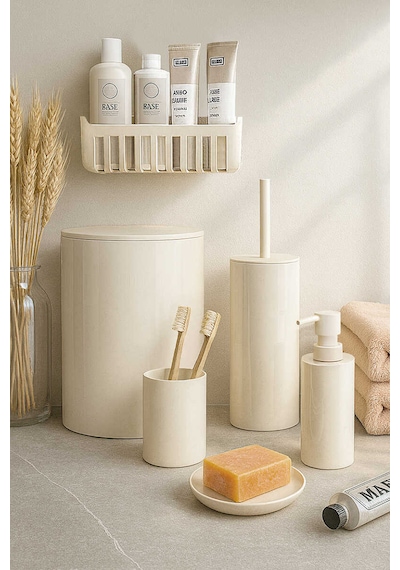Primanova Flores Banyo Seti + Yapışkanlı Raf - Bej