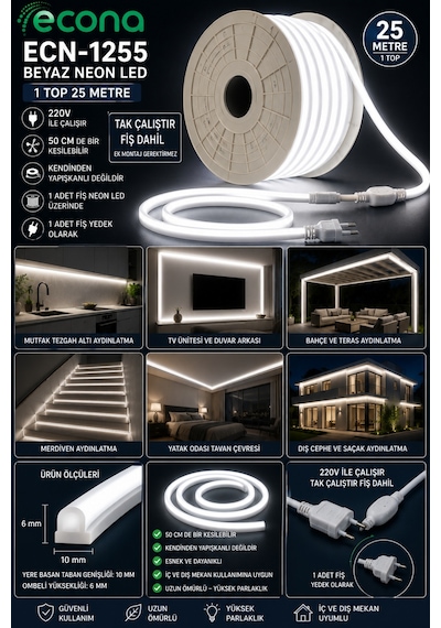 25 Metre Beyaz Işık 220v Neon Led Şerit Led, Çok Parlak, Kesilebilir, Tak-çalıştır Fişli & Yedek Fişli,esnek Led,6500k Beyaz-6500k 25 Metre Beyaz Işık 220v Neon Led Şerit Led, Çok Parlak, Kesilebilir, Tak-çalıştır Fişli & Yedek Fişli,esnek Led,6500k Beyaz-6500k
