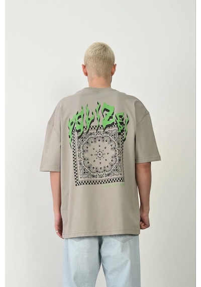 Barlashive Erkek Baskılı T-shirt Kısa Kol Bisiklet Yaka Rahat Kalıp Tişört - Boyalı Gri Çok Renkli