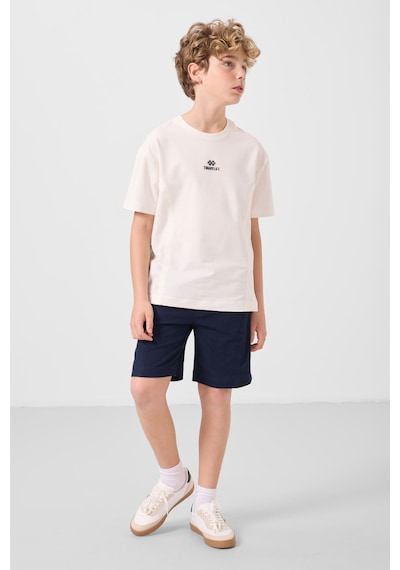 Ekru-lacivert Pamuklu Oversize Fit Dokuma Hafif Esnek Chino Erkek Çocuk Şort Takım - 11276 Ekru