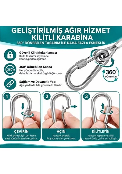 Sh Sunup Sn-38108 10 Metre Çelik Köpek Bağlama Halatı Kilitli Karabina Pvc Kaplamalı Najmaddin
