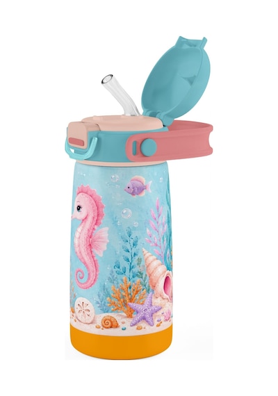 Puccon Mor Turkuaz Denizatı Baskılı Kız Çocuk 420 Ml Çelik Matara/suluk/termos - 60025 Pembe - Mavi