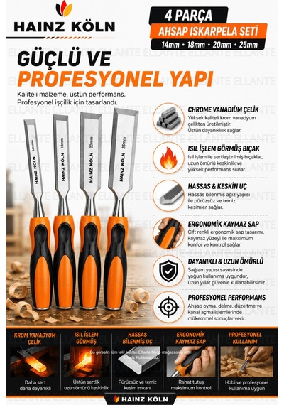 4 Parça Ahşap Iskarpela Seti 14-18-20-25 Mm Krom Vanadyum Çelik Ergonomik Kaymaz Sap Profesyonel Mar