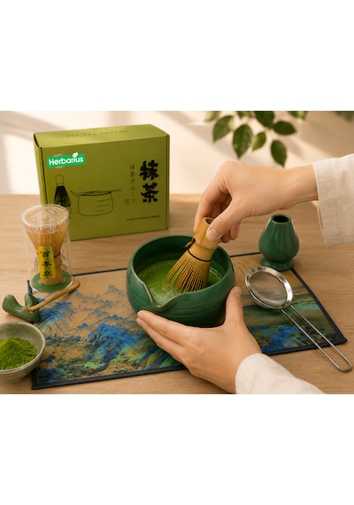 8 Parça Mat Zümrüt Yeşili Krem Tabanlı Renk Matcha Çayı Hazırlama Seti - Geleneksel Japon Matcha Seti