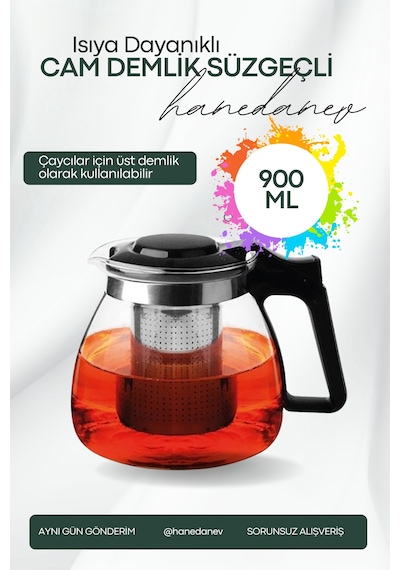 Isıya Dayanıklı Süzgeçli Cam Demlik 900 Ml Çaycı Çay Makinesi Demliği Teapot 900 Ml Siyah