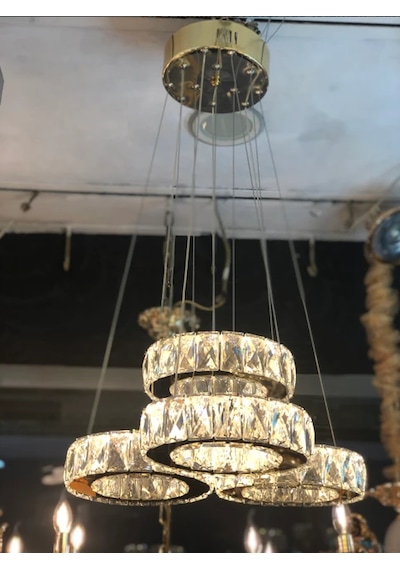 Gold Kristal Taşlı 4'lü Halka Led Avize - Ayarlanabilir Yükseklik Modern Sarkıt Avize Altın - Gold