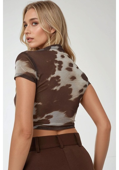 Hiccup Baskılı Slim Fit Bisiklet Yaka Crop Top Çok Renkli