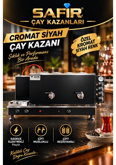Safir 4 Gözlü Kromat Siyah Tam Otomatik Çay Kazanı Sadece Elektrikli Pleytli Çay Ocağı Kazanı