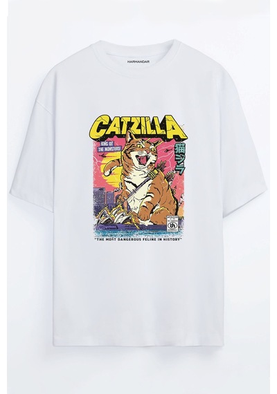 Retro Catzilla Baskılı Unisex Beyaz Oversize T-shirt Beyaz Retro Catzilla Baskılı Unisex Beyaz Oversize T-shirt Beyaz