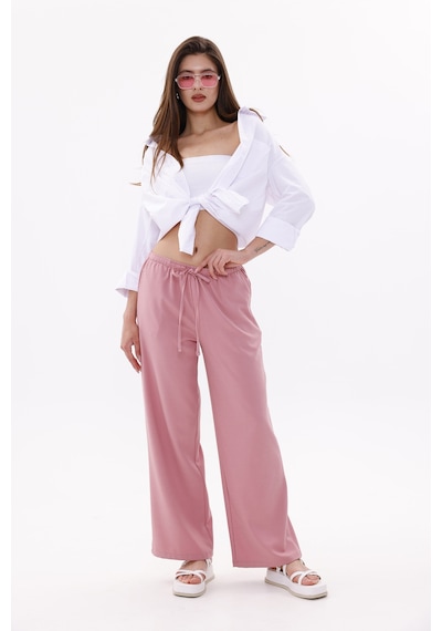 Genius Store Kadın Pantolon Geniş Paça Pamuklu Viskon Cepli Pantolon Beli Lastikli Genişpaça-pantolon Pembe