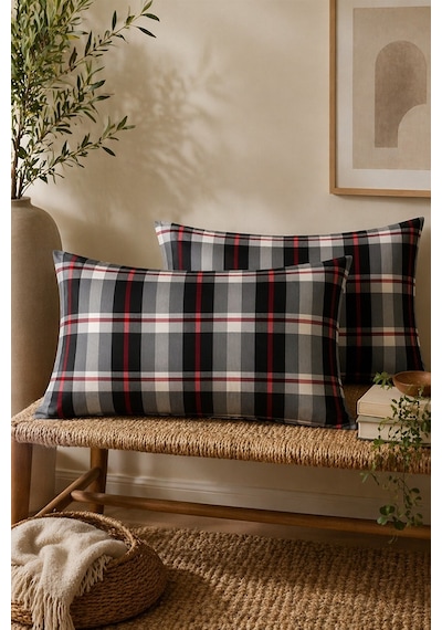 More Home Kapaklı Yastık Kılıfı 2 Adet 50 x 70 CM Gri Siyah Ekose