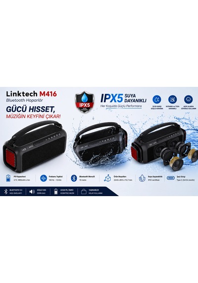 Linktech Premium Bluetooth Hoparlör - Linktech M416 Premium Ipx5 Sertifikalı Işıklı Bluetooth Hoparl