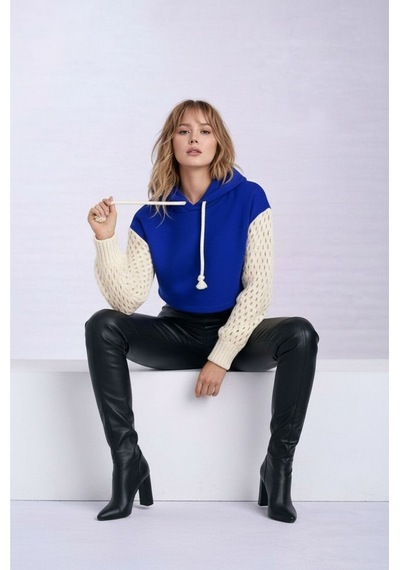 Mamayaga Kadın Kolları Triko File Örgü Şık Tasarım Crop Boy Kapüşonlu Sweatshirt Design Kazak Mavi
