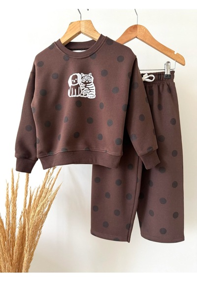 Magu Çocuk Pamuklu Baskılı Kahverengi Puantiyeli Sweatshirt Ve Eşofman Takımı
